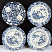 A Chinese blue and white porcelain shallow plate depicting a three-clawed dragon clutching a