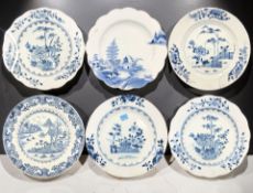 Six various Chinese blue and white porcelain plates, Qianlong, 18th century, diameter 23 cm.
