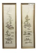 A pair of Chinese embroidered silk panels depicting fishing and farming scenes, framed and glazed,