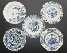 Five Chinese blue and white porcelain circular and hexagonal porcelain dishes, Qianlong,