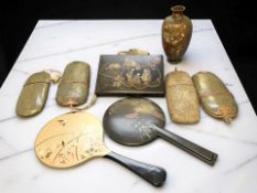 A group of Japanese export wares including a lacquered wall pocket, width 17 cm, two hand mirrors,