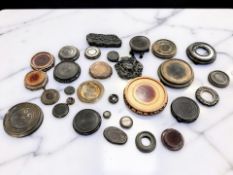 Thirty Chinese carved hardwood stands for vases and figures, largest diameter 29 cm.