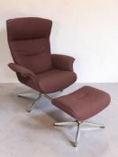 A 20th century Scandinavian swivel lounge armchair on chrome support in purple upholstery,