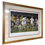 A limited edition photographic rugby print depicting and signed by Ben Cohen, numbered 142 of 500,