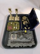 A cast metal desk stand, a velvet cased necessaire,