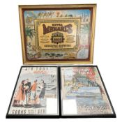 A reproduction Mehari's Tobacco sign, width 59 cm, and two further travel prints.