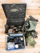 A Shakespeare fishing box, pair of waders, reels including Aero, Ryobi, and Mitchell.
