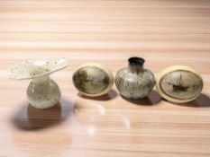 Two hand painted ostrich eggs, an Ashworth stoneware bulbous vase and a further studio pottery vase,