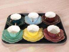Six Royal Stuart teacup, saucer and plate trios in various colours.