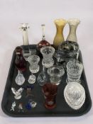 A group of studio glass animal ornaments including Swarovski, glass vases, etc.