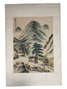 Oriental School : Figures in a mountainous landscape, watercolour on canvas backing, 41 cm x 29 cm.
