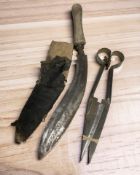 A kukri knife, in sheath (a/f), together with a pair of antique shears.
