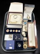 Assorted costume jewellery including Swarovski, a 9ct gold diamond crucifix on chain,