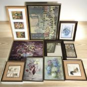 Assorted pictures and prints, still life oils on canvas, embroideries, mirror in carved frame.