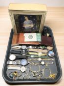 Lady's and gent's wristwatches, assorted dress rings, modern pocket watches, pair of binoculars,