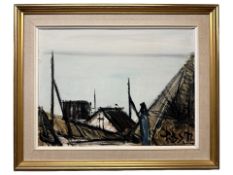 Peder Brøndum Sorensen : Figure beside a building, oil on canvas, gallery label verso,