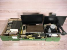 A quantity of eight track cassettes, cassette player, two computer monitors and other electricals.