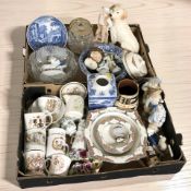 Assorted ceramics and figurines, porcelain mugs, collector's plates, willow pattern ceramics, etc.