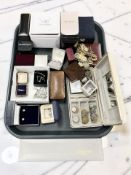 Assorted costume jewellery, a silver Pandora ring housed in an antique ring box,