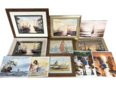 R Scott (Contemporary) : Fishing boats moored by buildings, watercolour, 23 cm x 33 cm,