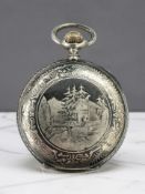 A silver and niello work half-hunter pocket watch depicting an alpine scene,