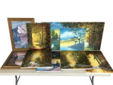 Contemporary School : View across a lake with snow covered mountain beyond, oil on canvas,