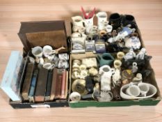 Assorted figurines, Lurpak ceramics, Ringtons items, whisky jugs, vintage books, etc.