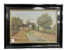 Danish School : Ducks in a Vegetable Garden, oil on canvas, indistinctly signed, 58 cm x 41 cm.