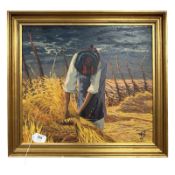 Continental School : Figure Gathering Wheat, oil on board, 44 cm x 39 cm.