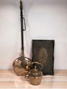 A Victorian copper kettle, a bed warming pan and a carved and inlaid Indian serving platter.
