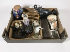 A group of ceramics, Bossons plaques, oriental figures, an Indian carved sandalwood table box, etc.