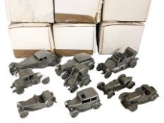 A group of cast pewter classic cars, including Bentley, Rolls Royce, longest 13 cm,