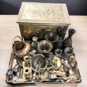 An embossed brass coal box, together with further brass and other metal wares,