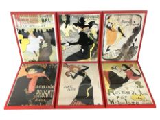 Six reproduction French colour prints including Moulin Rouge, each 42 cm x 32 cm.