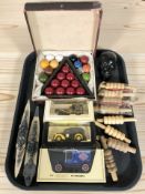 A small set of Ronite snooker balls, die cast cars and battleships, skull paperweight, etc.