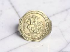 A 9ct gold signet ring with inset St George coin, size U CONDITION REPORT: 4.