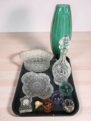 A group of studio glass paperweights including Mdina, mantel timepiece, crystal bowls,