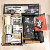 A remote control helicopter, astronomical telescope, pair of Landview binoculars, chess game,