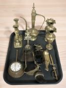 A pair of Indian enameled brass vases, pair of brass candlesticks, fire companion pieces, etc.