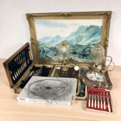 A large gilt framed print, pair of table lamps, various cutlery, serving trays, etc.