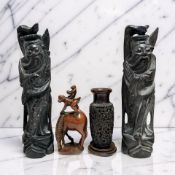 A pair of Chinese carved wooden figures of elders, height 29 cm, a further vase,