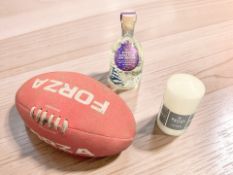 Assorted homewares, puzzles and games, Australian Rules football, large candle,