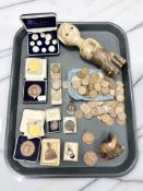 Assorted pre-decimal coins, a figural Meerschaum pipe bowl, rifle shooting medals,