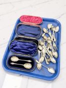 An assortment of George III and later silver tea and caddy spoons, a cake fork, etc, various marks,