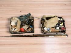 A group of fishing rods including Abu, canvas bag, assorted reels, nets and other equipment.