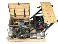 Assorted power and hand tools, drills, bench grinder, folding work bench, antique toolbox, etc.