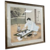 Chinese School : A lady painting a scroll, watercolour, 60 cm x 60 cm.