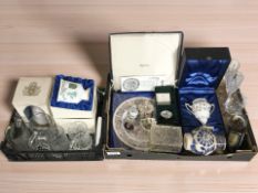 A Spode cabinet plate in box, enameled pill boxes, drinking glasses, Bells whisky decanter, etc.