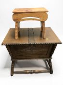 A 20th century oak work box, width 65 cm, together with a stool.