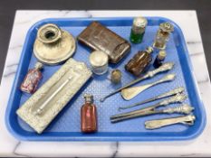 A silver-mounted desk thermometer, an ink well, several dressing table jars, miniature tankard,